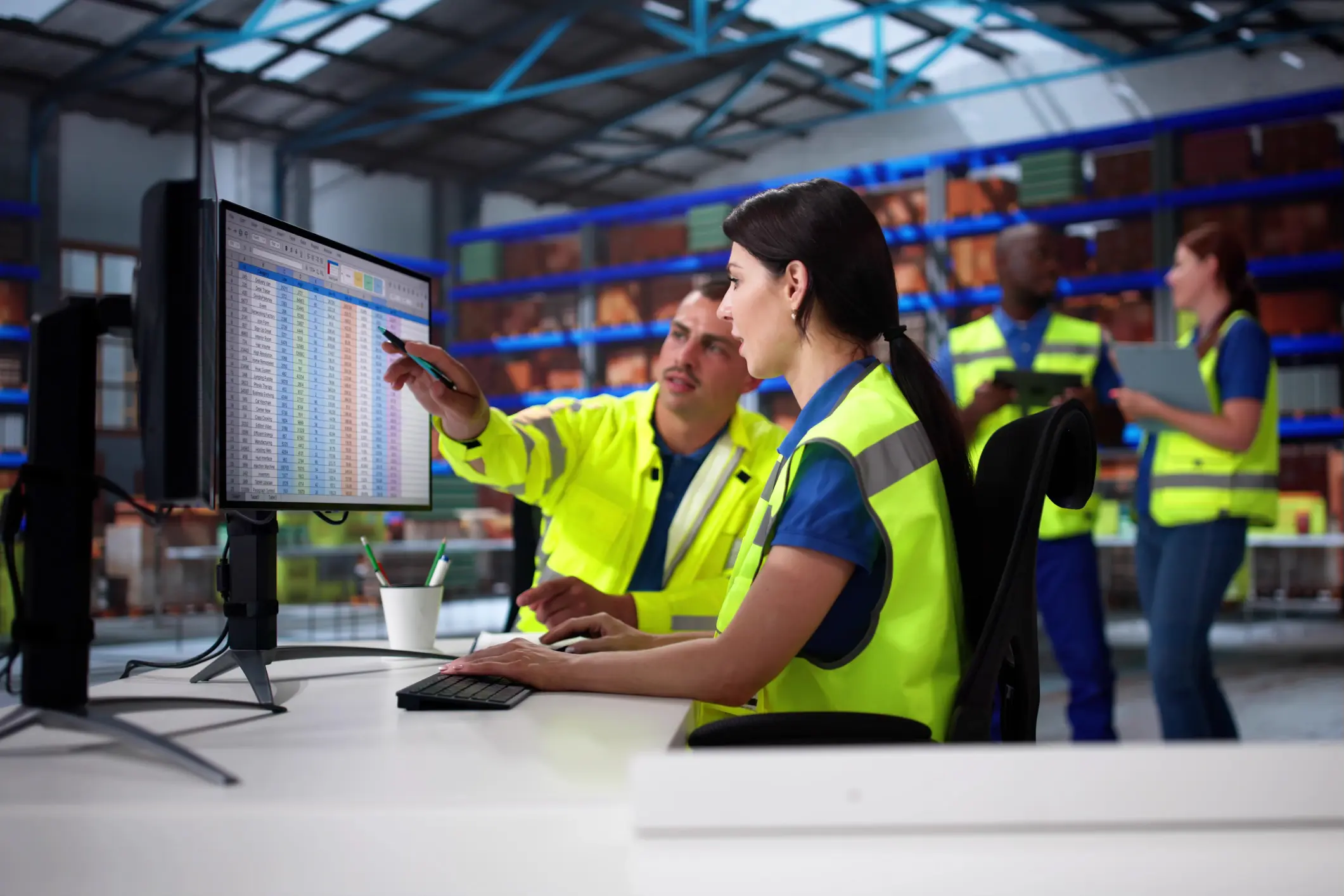 Warehouse scene with workers in safety vests reviewing data on a computer and discussing logistics