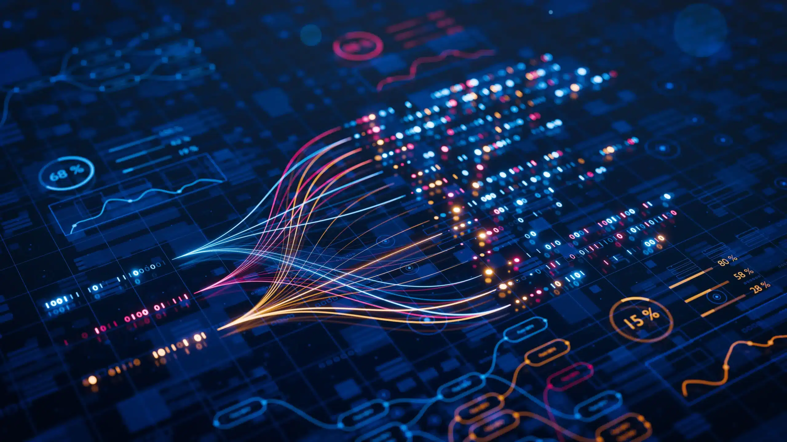 Abstract digital visualization showing colorful data streams converging into a central point, surrounded by charts and graphs representing data analysis and processing.