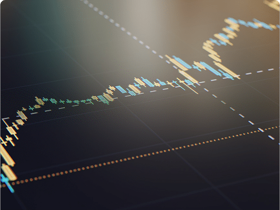 Financial chart with candlestick patterns and colored bars showing price movements, along with dashed lines marking key levels.