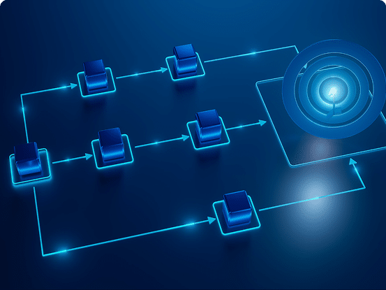 Flowchart with seven blue cube nodes connected by glowing arrows to an illuminated circular target on a dark blue background.