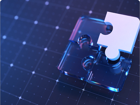 Transparent puzzle piece fitting into a larger base over a grid background with white dots.