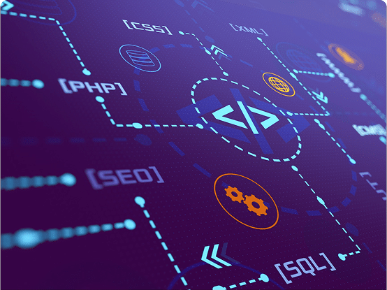 Graphic showing interconnected programming and web development icons around a central code symbol, with labels like CSS, XML, PHP, SEO, and SQL on a purple gradient background.