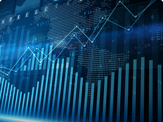 Digital financial data visualization with bar charts, line graphs, and a world map background indicating global economic trends.