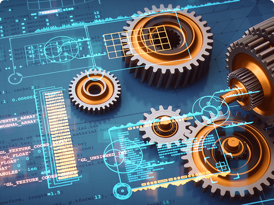 Interlocking golden gears with digital schematics and code over a blue technical background