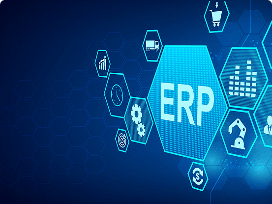 Blue-toned graphic with hexagonal icons around a central "ERP" label, representing business and industrial concepts like graphs, gears, shopping cart, and robot arm.
