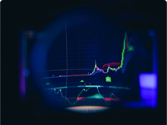 Magnified financial chart with colored candlesticks, moving averages, and technical indicators