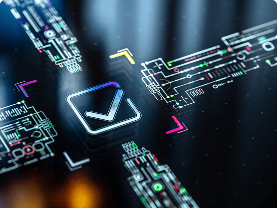 Digital interface with a central checkmark icon surrounded by circuit-like designs and colorful elements.
