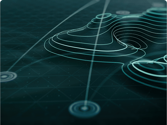 Digital topographic map with light blue contour lines and connected circular markers on a dark background