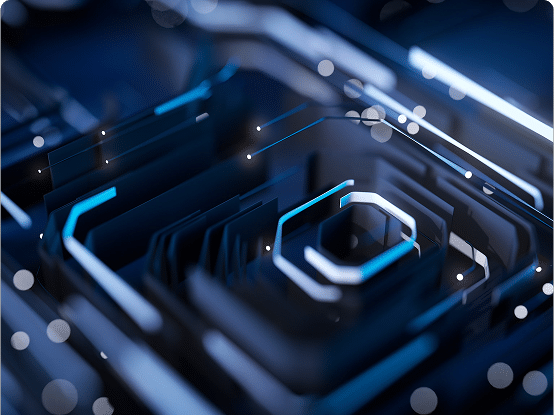 Abstract dark blue and black background with geometric shapes and scattered circular light spots.