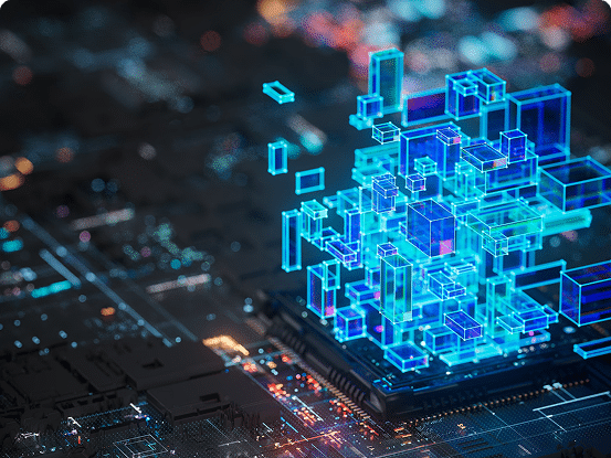 Close-up of a computer motherboard with glowing blue and purple 3D cubes representing data processing