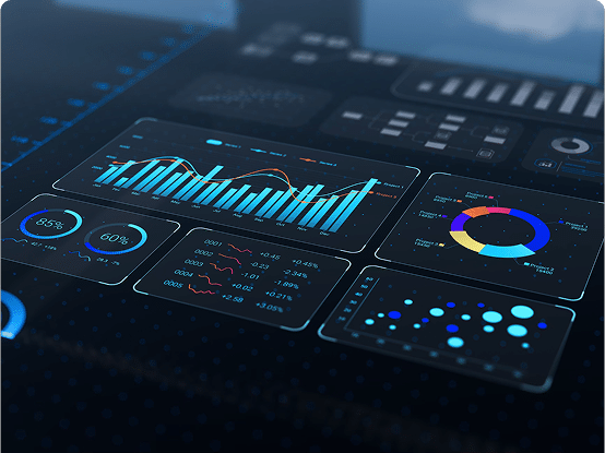 Digital dashboard with bar graphs, line charts, pie charts, and scatter plots displaying various metrics