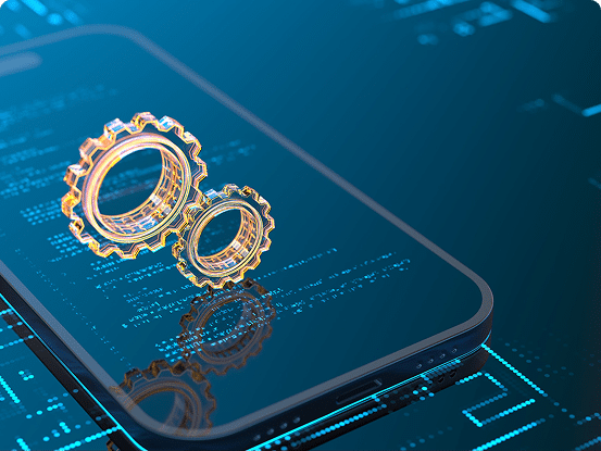 Smartphone screen displaying two interlocking gears, set against a background of digital circuitry and code.