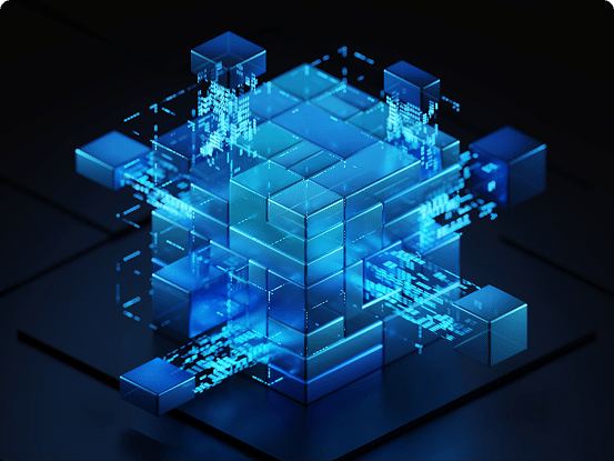 Futuristic 3D cube with glowing blue center and digital data streams