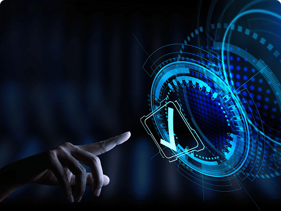 A hand points at a futuristic digital interface with blue and cyan geometric patterns and a central checkmark symbol.