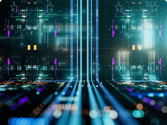 Futuristic circuit board with glowing blue, purple, and yellow lights