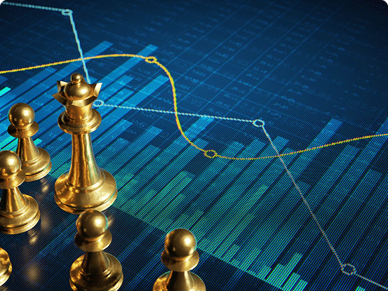 Golden chess pieces on a digital background with financial graphs and charts in blue, green, yellow, and white.