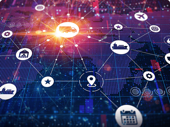 Digital illustration of a global logistics network with icons for transportation, location, warehouse, and settings overlaid on a world map.