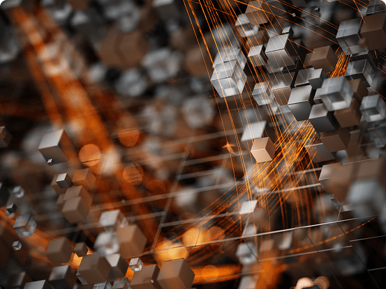 Abstract image of metallic cubes interconnected by glowing orange lines, set against a blurred background with dark and light tones.