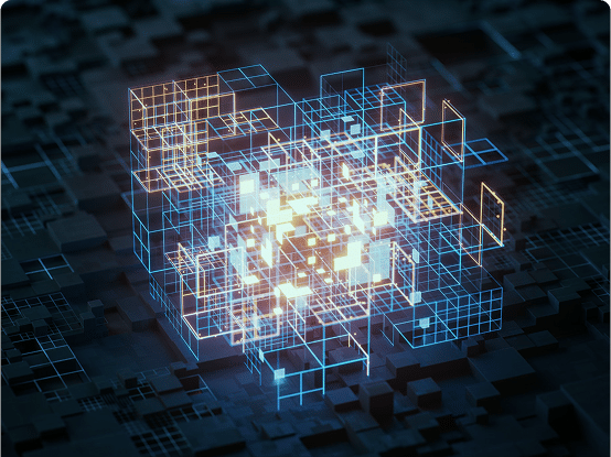 3D digital structure of glowing interconnected lines and nodes in blue and yellow on a dark background.