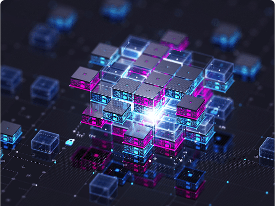 Digital blocks connected in a network, glowing with blue and pink lights against a dark background.