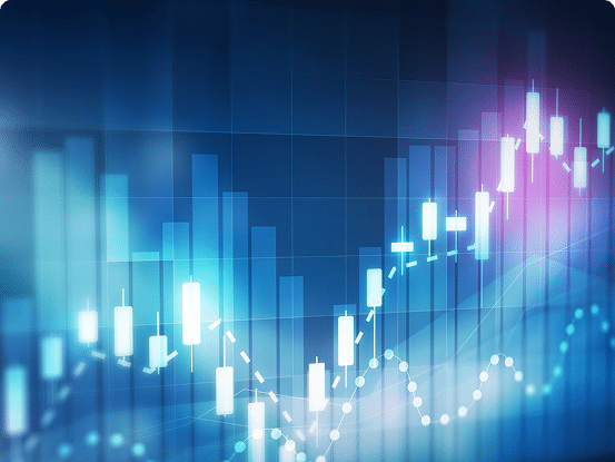 Financial chart with candlestick patterns, bar graphs, and line graphs on a blue background.