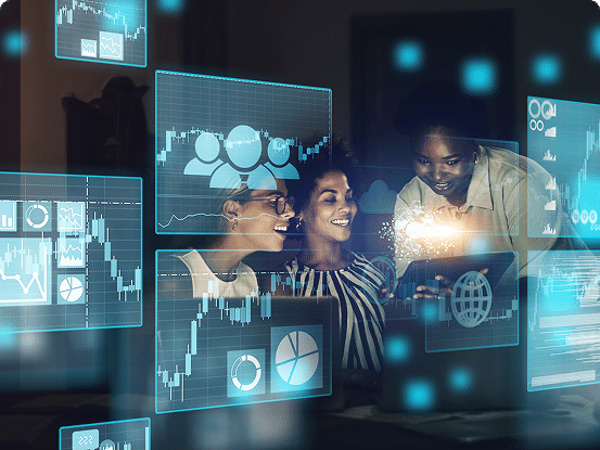 Group of people collaborating with digital overlays of charts and data visualizations on a laptop or tablet screen.