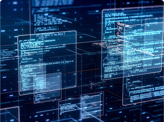 Floating transparent screens with lines of code in a dark, futuristic digital space.