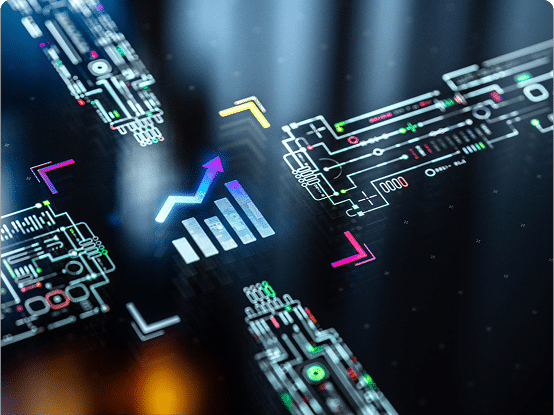 Futuristic digital interface with colorful circuit patterns and a central bar graph showing upward growth.