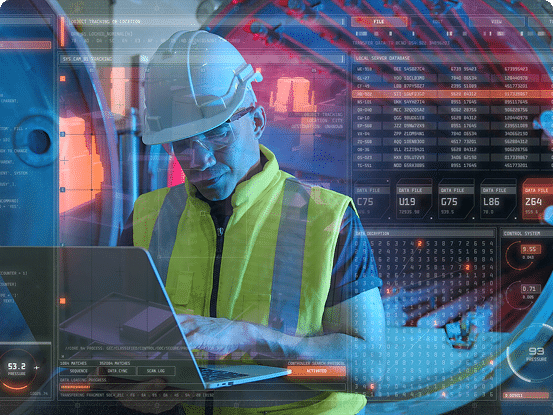 Person in a hard hat and safety vest using a laptop with digital overlays of data and charts in an industrial-tech setting.