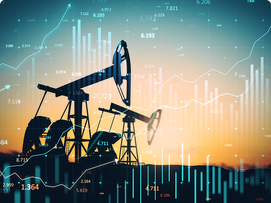 Oil pumpjacks silhouetted against a sunset with financial graphs and data overlaid.