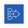 Blue icon with three white arrows merging into one larger arrow pointing right.