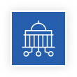 White icon of a domed building with columns on a blue background, with three lines extending downward ending in circles.
