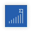 Blue square icon with a white bar chart graphic; bars increase from left to right with a flag atop the tallest bar.