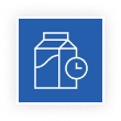 Blue square icon with a white outline of a milk carton and a clock.