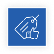 Blue square icon with a white outline of a price tag and a thumbs-up symbol.