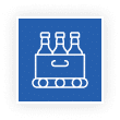 White icon of a conveyor belt carrying a crate with three bottles on a blue background.
