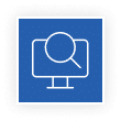 Blue square icon with a white outline of a computer monitor and a magnifying glass in front of it.