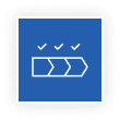 Blue square icon with three checkmarks above three right-pointing arrows.