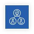 Blue square icon with three interconnected circles; the top contains a light bulb with a checkmark, and the bottom two contain outlines of people.