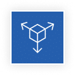 Blue icon with a white cube and three arrows pointing left, up, and down.