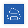 Blue square icon with a white cloud and device connected by curved arrows indicating data transfer.