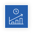 Blue icon with a white bar graph, upward arrow, and clock symbol above.