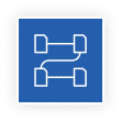 Blue square icon with a white outline of four rectangles connected by curved lines, resembling a drivetrain system.
