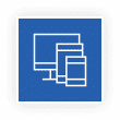 Blue square icon with white outlines of a desktop computer, tablet, and smartphone.