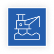 Blue icon with a white offshore oil rig above stylized waves.
