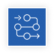 Blue square icon with a white flowchart of three connected circles and directional arrows.