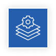 Blue icon with three stacked layers and a gear on top.