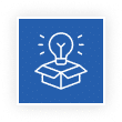 Blue square icon with a white outline of an open box and a light bulb above it emitting rays.