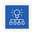 Blue square icon with a white hierarchical structure featuring a central idea symbol connected to four squares.