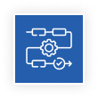 Blue square icon with a white flowchart, gear symbol, and arrow ending in a checkmark.